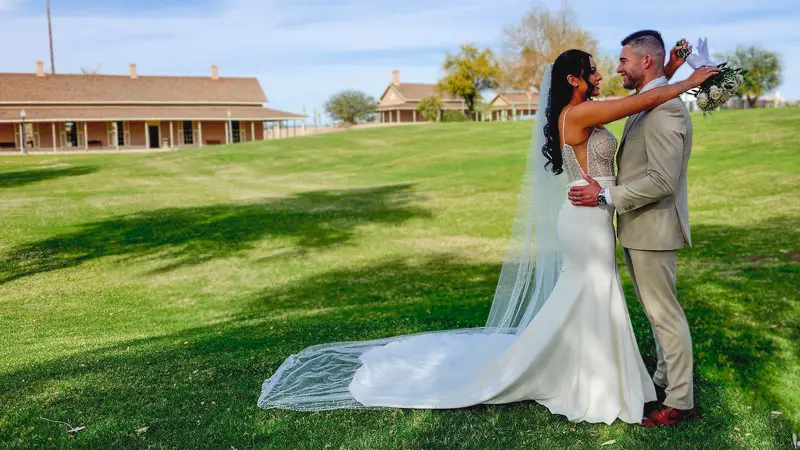 Bride and groom together at Colorado River State Historic Park in Yuma, Arizona